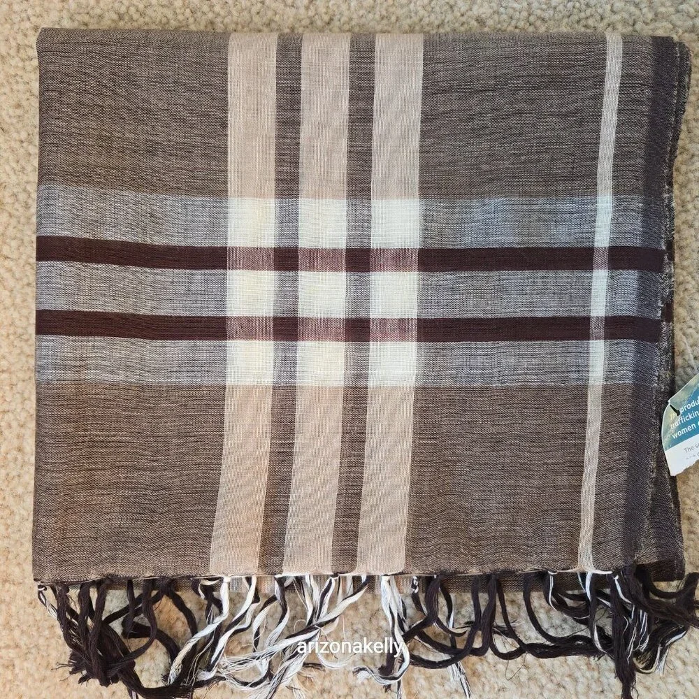 NWT Wool/Cotton Blend Lightweight Scarf Brown Tan Plaid Freeset Fabric